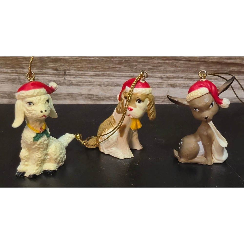 Vintage Christmas Ornaments Set 3 Lamb Dog Deer Santa Hat Resin Figurines